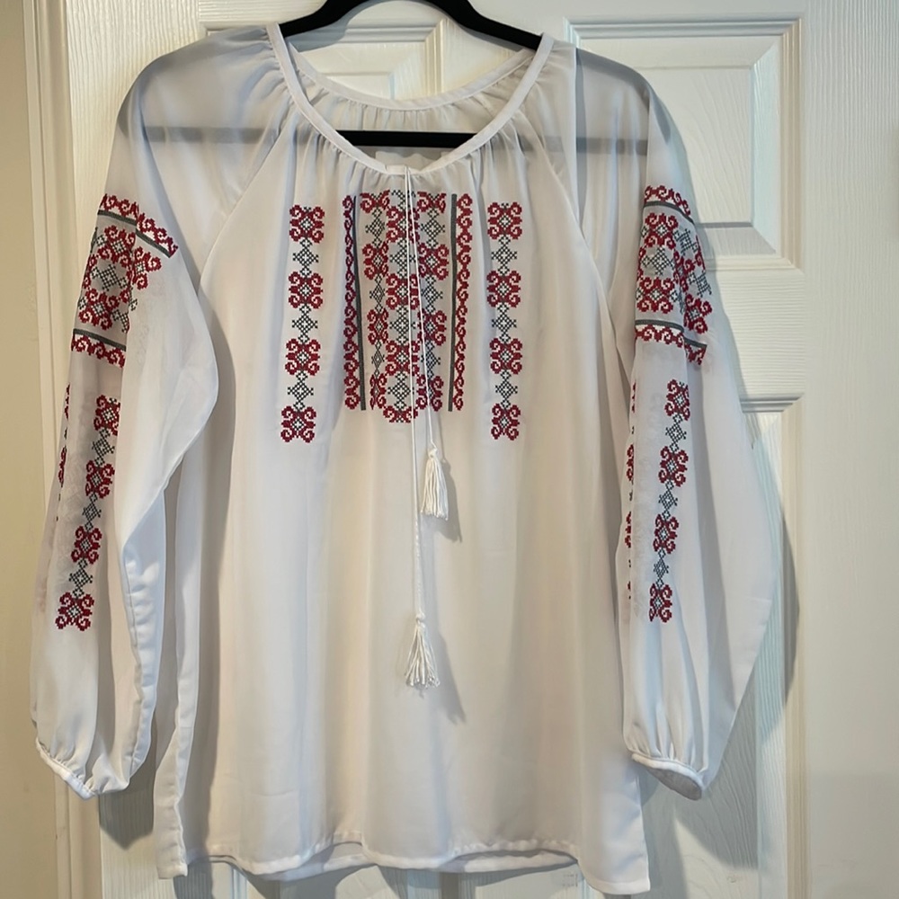 White chiffon embroidered authentic Ukrainian shirt/top/blouse